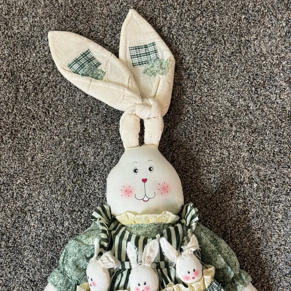 Vtg Primitive Cloth Plush Bunny Doll Green Floral Dress 3 Baby Bunnies Easter